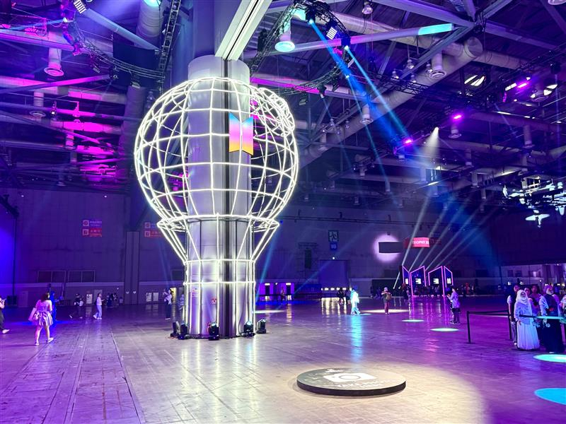 An installation resembling a giant ARMY Bomb light stick stands inside the Kintex building in Goyang, Gyeonggi, during the 2025 BTS Festa In-person Event on June 13, 2025. [DANIELA GONZALEZ PEREZ]