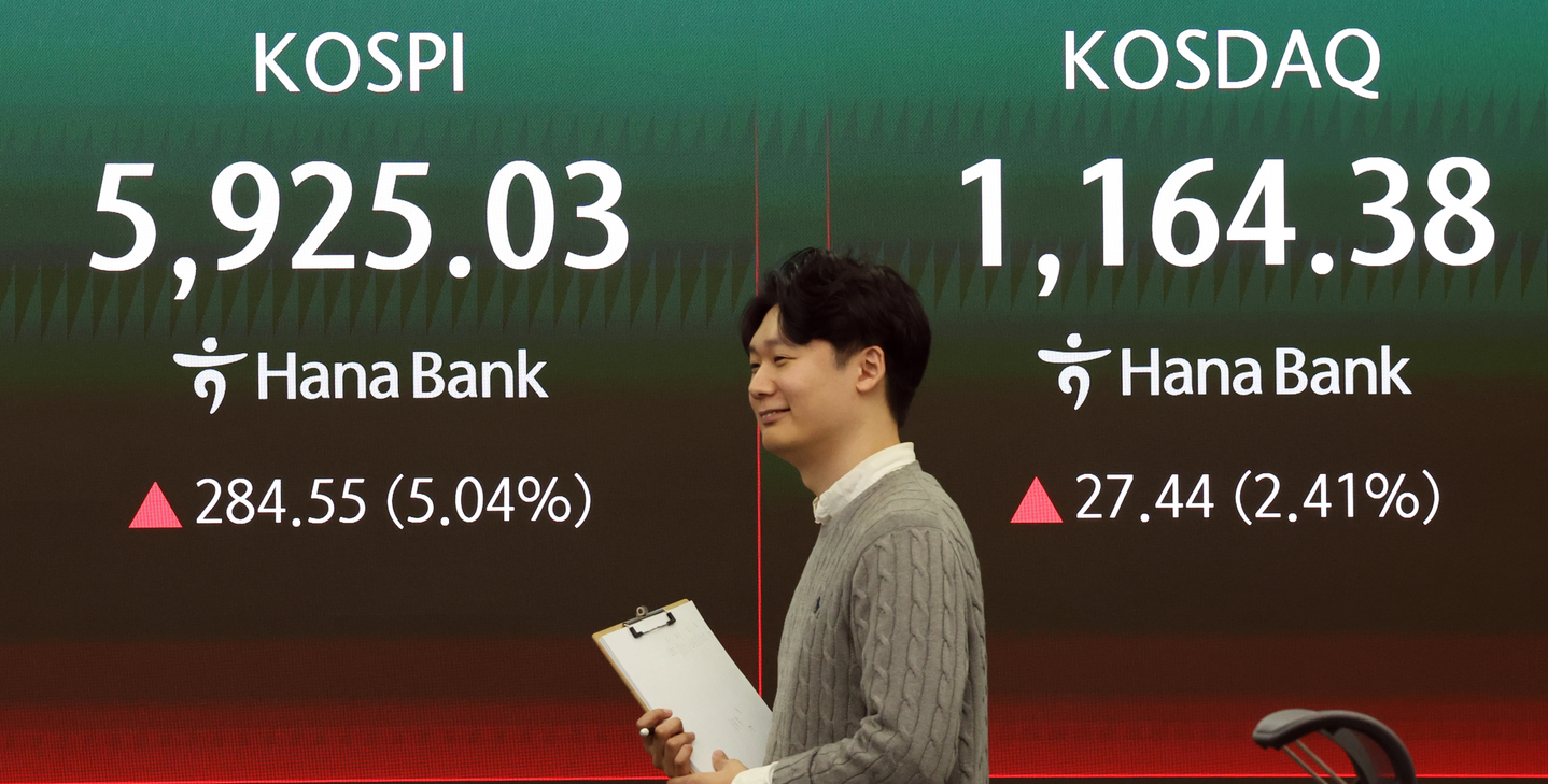 A screen at Hana Bank's trading room in central Seoul shows the Kospi closing at 5,925.03 on March 18, up 284.55 points, or 5.04 percent, from the previous trading session. [NEWS1]