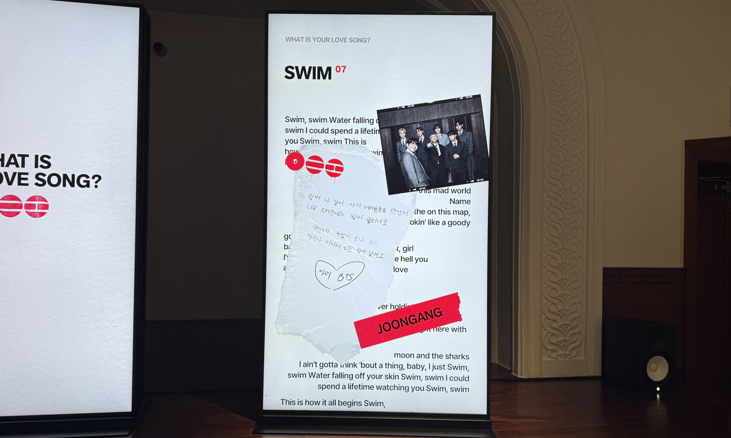 The screen shows the lyrics from the track "Swim," as well as a photo of BTS, a letter written by the group and the name this reporter entered at the BTS pop-up store on the fourth floor of The Heritage at Shinsegae The Main in Jung District, central Seoul. [WOO JI-WON]