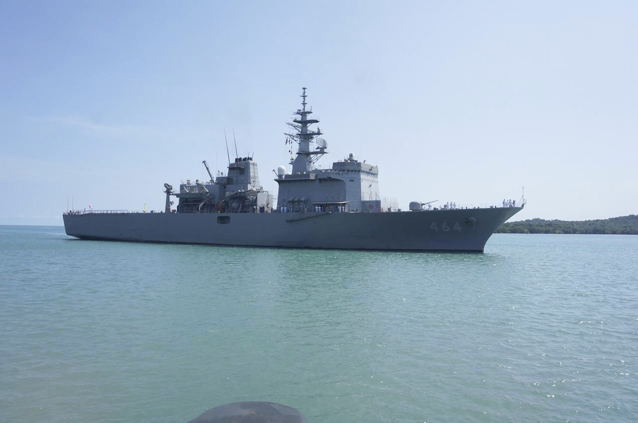 A Japanese warship is seen before docking at a naval base's pier during a four-day visit at the Ream Naval Base in Sihanoukville, southwestern of Phnom Penh, Cambodia, on April 19, 2025. [AP/YONHAP] 