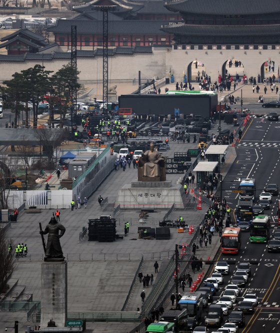 Gwanghwamun Square on March 16 in central Seoul is being prepped up for BTS's performance scheduled for March 21. [YONHAP]