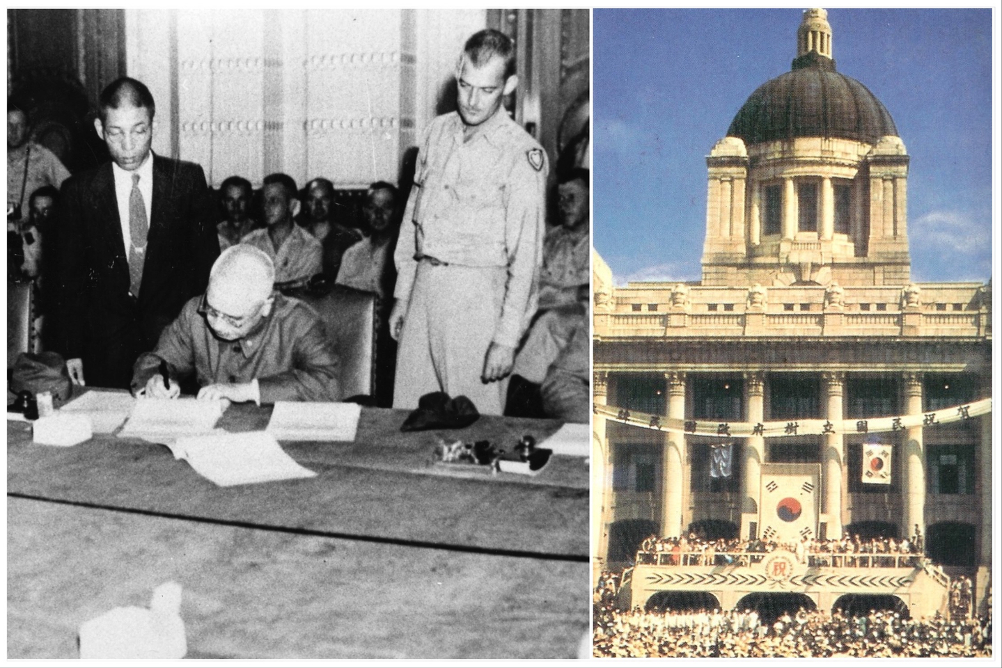 Left: Nobuyuki Abe, the last Japanese governor of Korea, signs the instrument of surrender at his official residence in Seoul on Sept. 9, 1945, thus handing control over southern Korea to the U.S. military. Right: A ceremony to mark the establishment of the first South Korean government is held at the former Government-General Building in central Seoul on Aug. 15, 1948. [NATIONAL ARCHIVES OF KOREA]