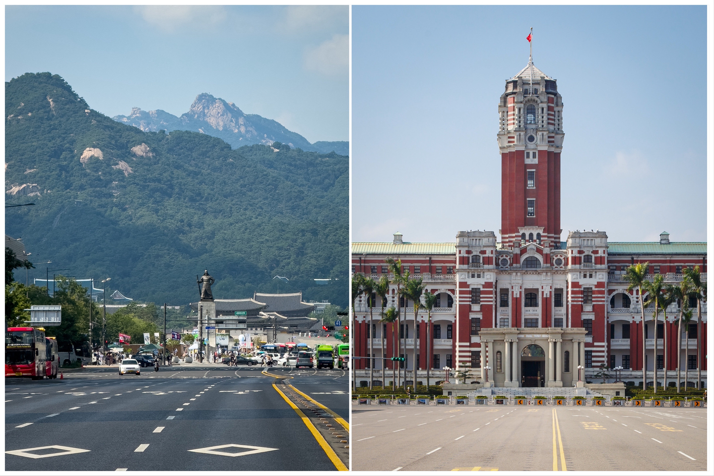 Left: The view from the middle of Sejong-daero looking north to Gwanghwamun Square in central Seoul on Aug. 2, 2025, almost 30 years after the former Government-General Building was demolished. Right: The Presidential Office Building in Taipei as seen from Ketagalan Boulevard on Oct. 26, 2025. [MICHAEL LEE]