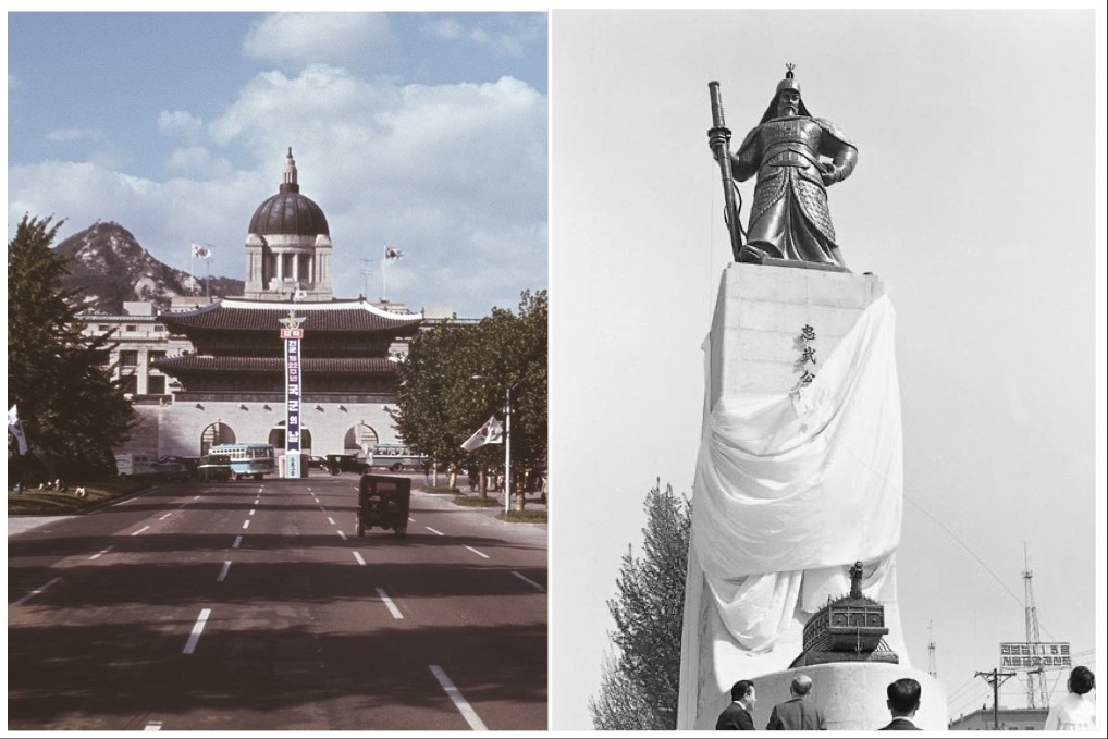 Left: A photograph of the northern end of Sejong-daero in 1968, shortly after the completion of the ferroconcrete incarnation of Gwanghwamun ordered by then-President Park Chung Hee. Right: A statue of Admiral Yi Sun-shin, which still stands today in downtown Seoul, is unveiled on April 27, 1968. [NATIONAL ARCHIVES OF KOREA]