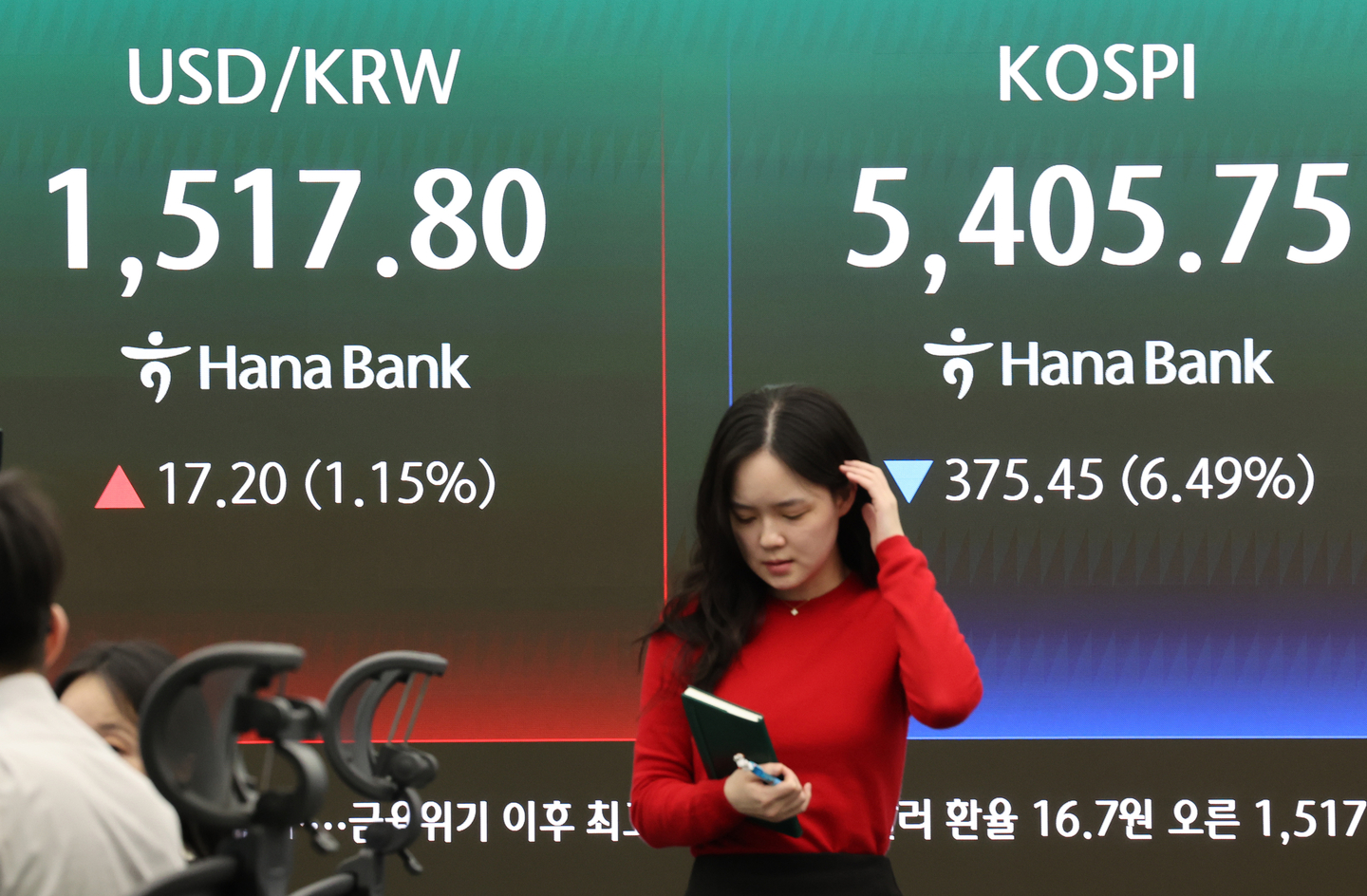 A screen in Hana Bank's trading room in central Seoul shows the Kospi closing at 5,405.75 points on March 23, down 375.45 points, or 6.49 percent, from the previous trading session. [YONHAP]