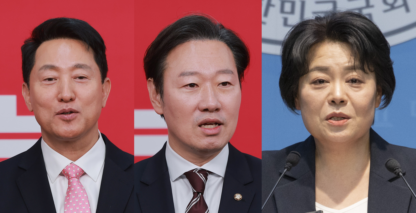From left: Seoul mayoral candidates Oh Se-hoon, incumbent mayor, first-term lawmaker Park Soo-min, a former People Power Party (PPP) floor spokesperson and Yun Hee-suk, who previously served as chair of the PPP's reform committee [NEWS1, YONHAP]
