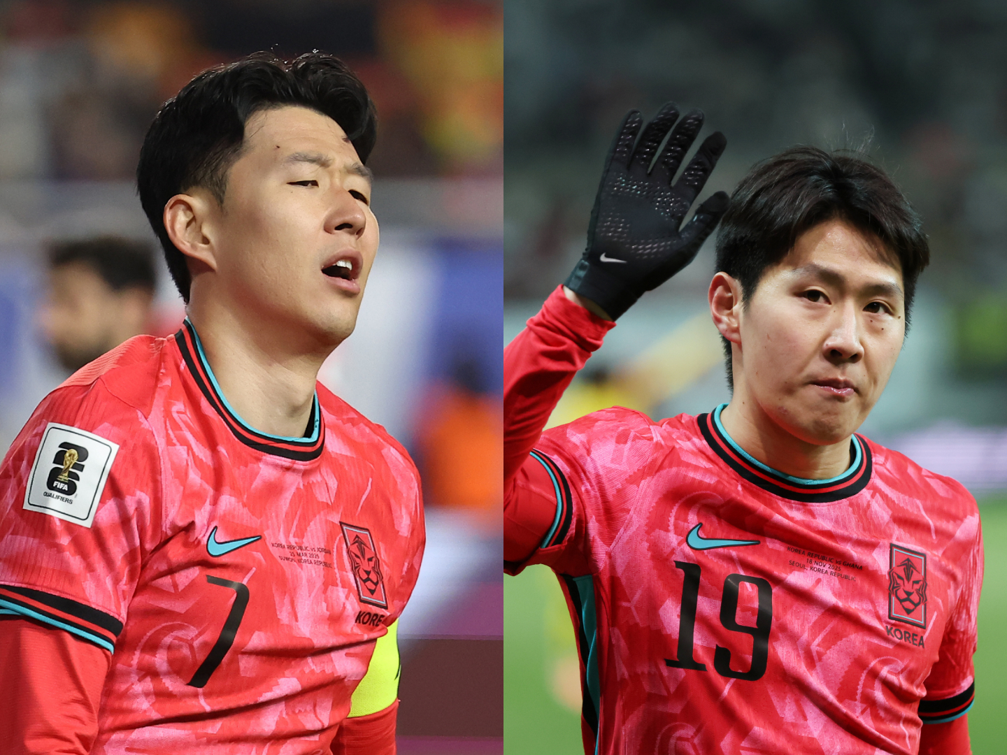 Left: Son Heung-min reacts after missing a shot during a Group B match between Korea and Jordan in the third round of Asian qualifiers for the 2026 FIFA World Cup at Suwon World Cup Stadium in Gyeonggi on March 25, 2025. Right: Lee Kang-in waves to fans as he is substituted during a friendly match between Korea and Ghana at Seoul World Cup Stadium in Mapo District, western Seoul, on Nov. 18, 2025. [YONHAP, NEWS1]