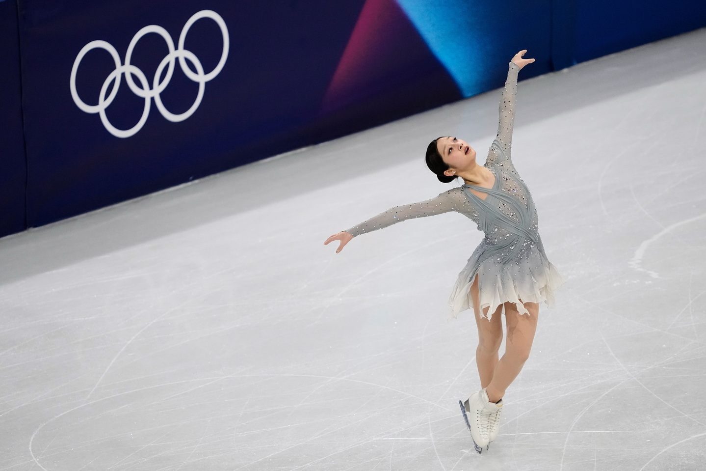 Shin Ji-a competes during the women's short program figure skating at the 2026 Milan-Cortina Winter Olympics in Milan on Feb. 17. [AP/YONHAP]
