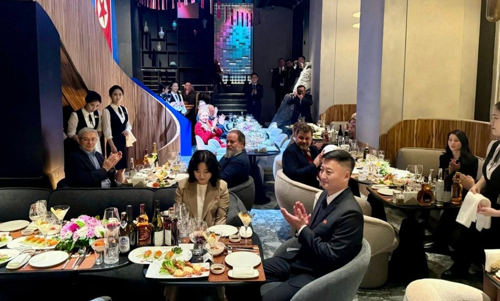 Guests are seated in a newly opened North Korean restaurant in Moscow in a photo uploaded by the North Korean Embassy in Russia's Facebook account. [SCREEN CAPTURE]