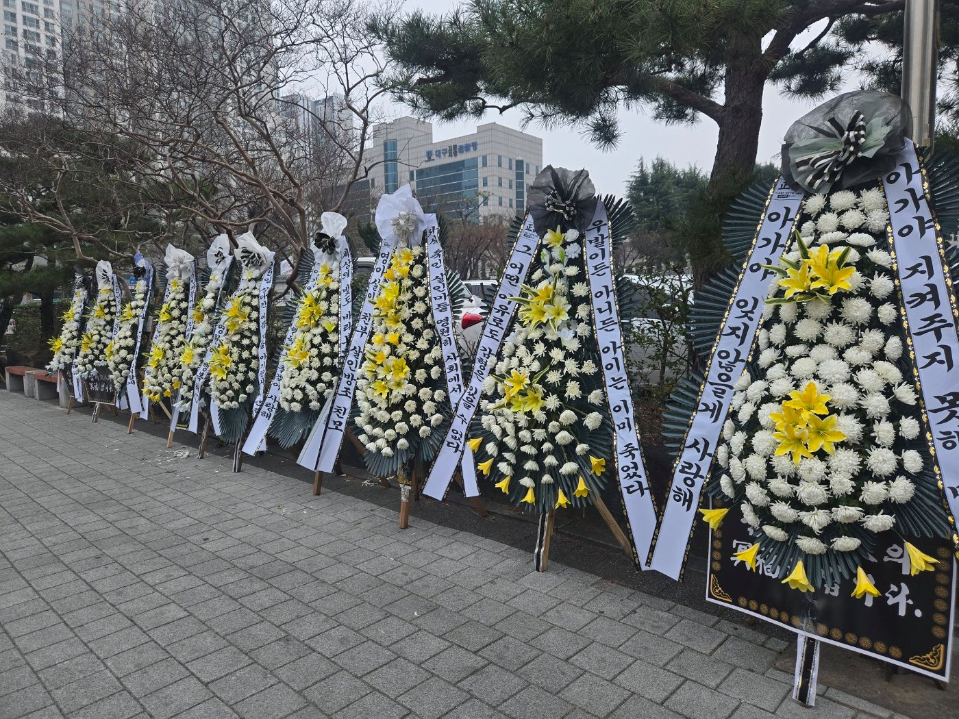 About 10 funeral wreaths calling for severe punishment of a father standing trial on charges of killing a child through abuse are placed in front of the main gate of Daegu District Court in Suseong District, Daegu, on the morning of March 25. [JOONGANG ILBO] 