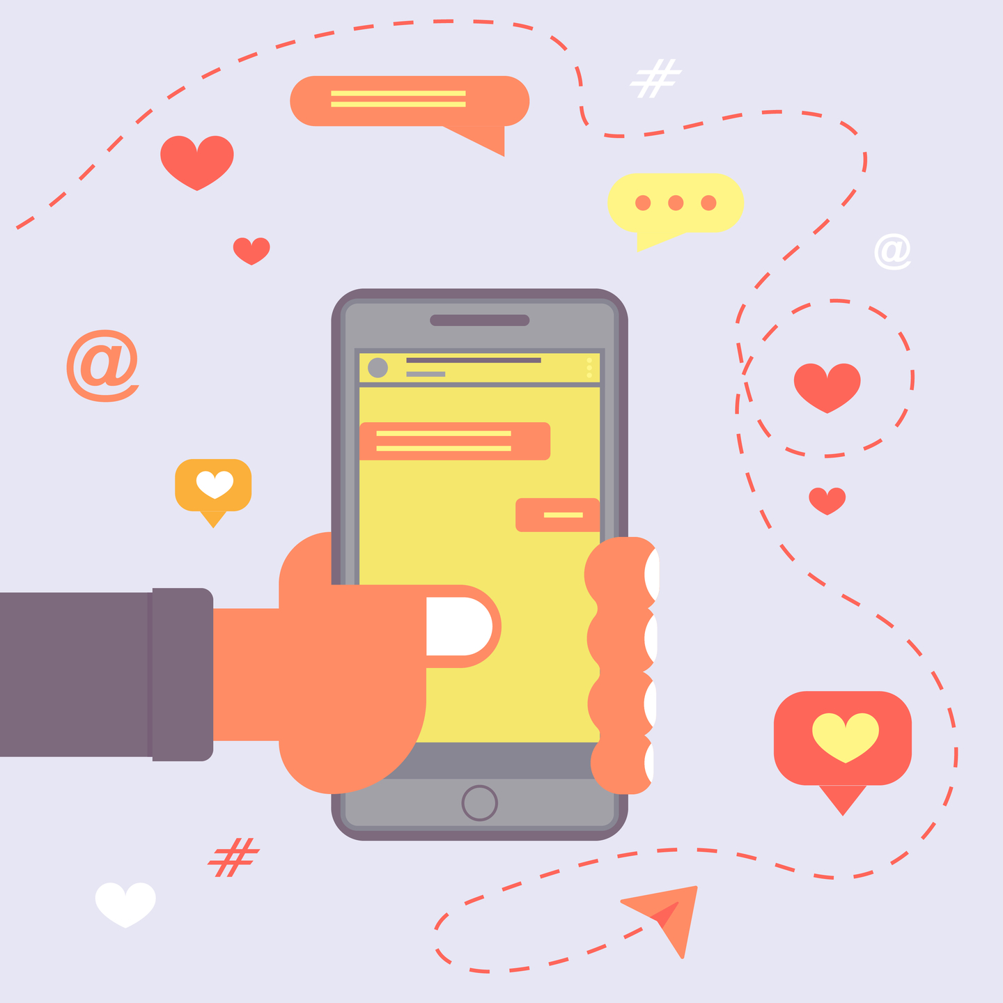 An image of a hand holding a phone filled with symbols of online chat speech bubbles, hearts and icons [GETTY IMAGES PRO]