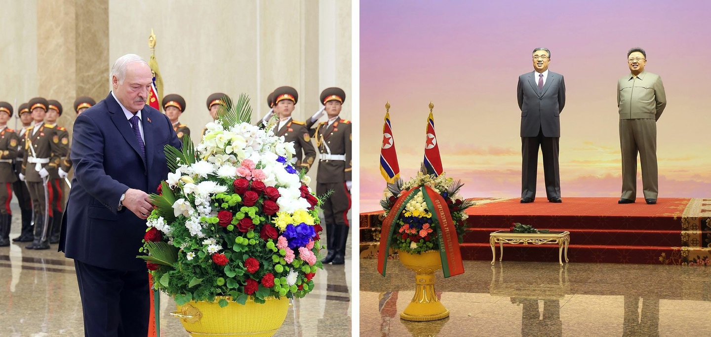 Belarusian President Aleksandr Lukashenko, left, lays flowers during a visit to the Kumsusan Palace of the Sun in Pyongyang on March 25. [NEWS1]