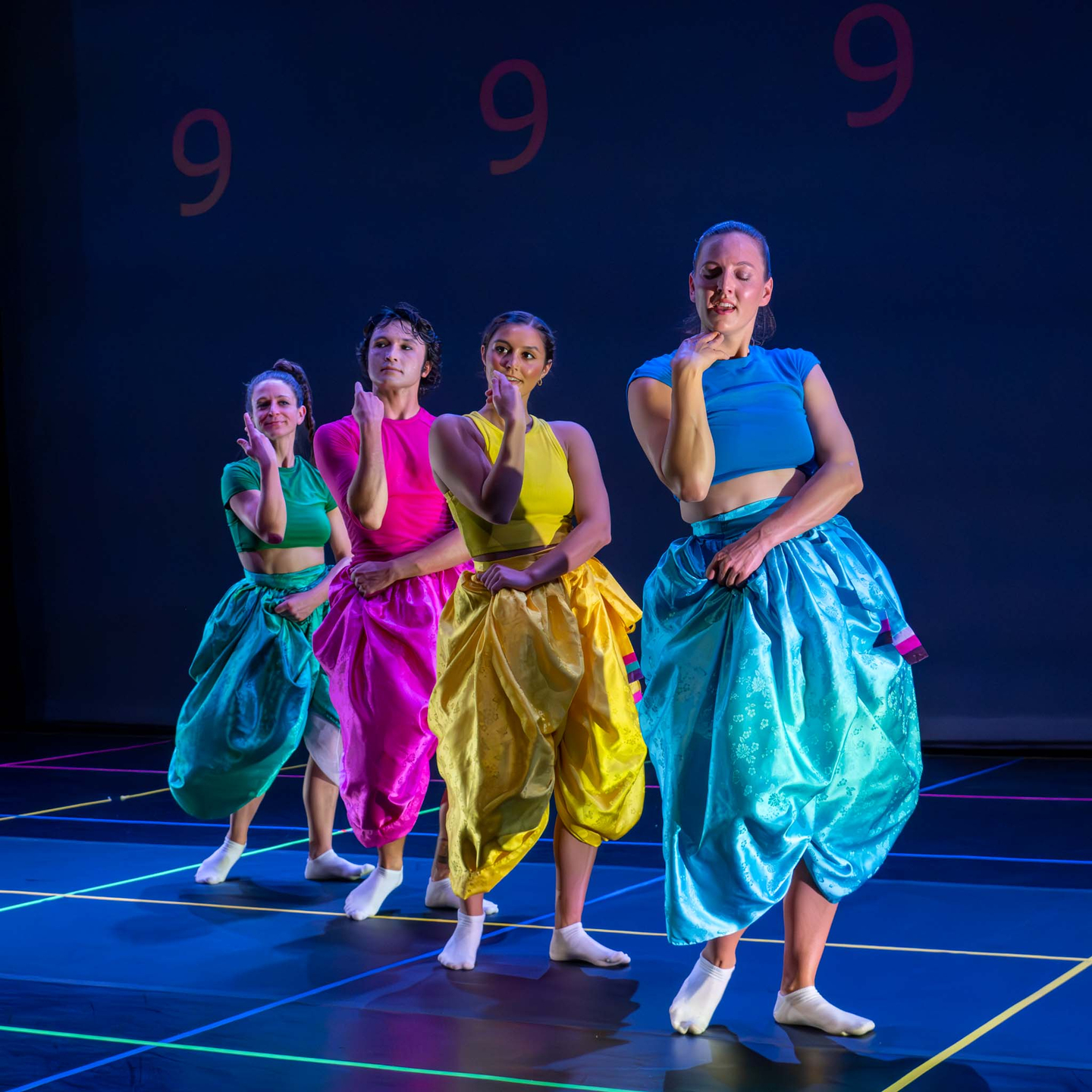 A scene from “Norri,” a work by choreographer Jung Da-eun, blending movements from traditional Korean dance with pansori (traditional Korean lyrical storytelling) vocals and electronic sound. The piece is described as “the rhythmic encounters of past and present, formality and spontaneity and uniformity and singularity.” [JUNG DA-EUN]