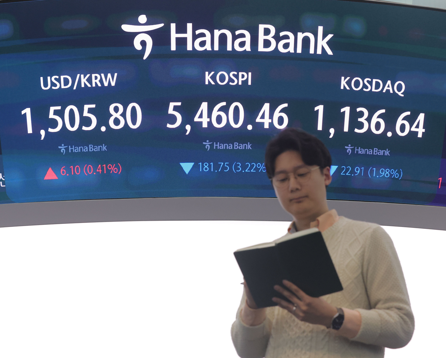 A screen in Hana Bank's trading room in central Seoul shows the Kospi closing at 5,460.46 points on March 26, down 181.75 points, or 3.22 percent, from the previous trading session. [YONHAP]