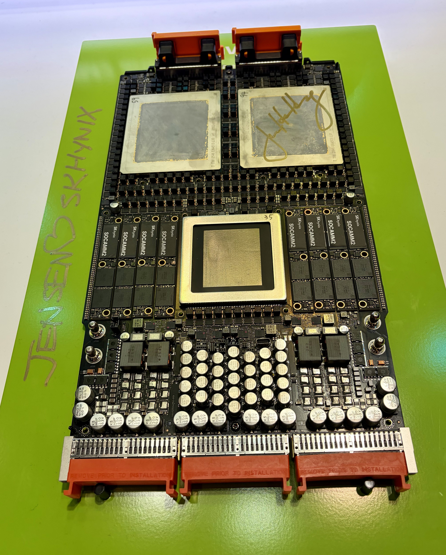A prototype of SK hynix’s Vera Rubin product signed by Nvidia CEO Jensen Huang during his visit to the company’s booth at the annual developer conference GTC 2026, held between March 16 and 19 at the San Jose Convention Center in California. [YONHAP]