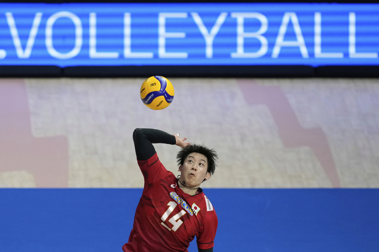 Yuki Ishikawa of Japan spikes the ball against during their pool phase match against Libya at the 2025 FIVB Volleyball Men's World Championship in Quezon City, Philippines, on Sept. 17, 2025. [AP/YONHAP]
