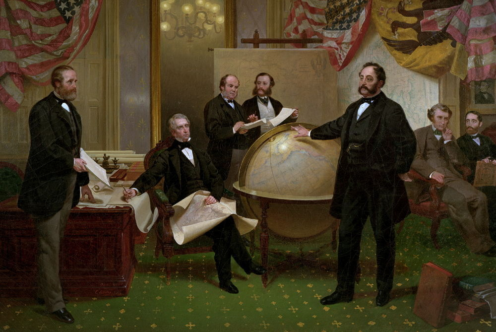 U.S. Secretary of State William H. Seward, seated, and Eduard de Stoeckl, the Russian minister to the United States, standing near a globe. [WIKIPEDIA]