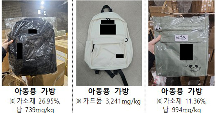 Three types of children’s bags found to contain phthalate plasticizers and heavy metals are seen in this photo shared by the Korean Agency for Technology and Standards. [KOREAN AGENCY FOR TECHNOLOGY AND STANDARDS]