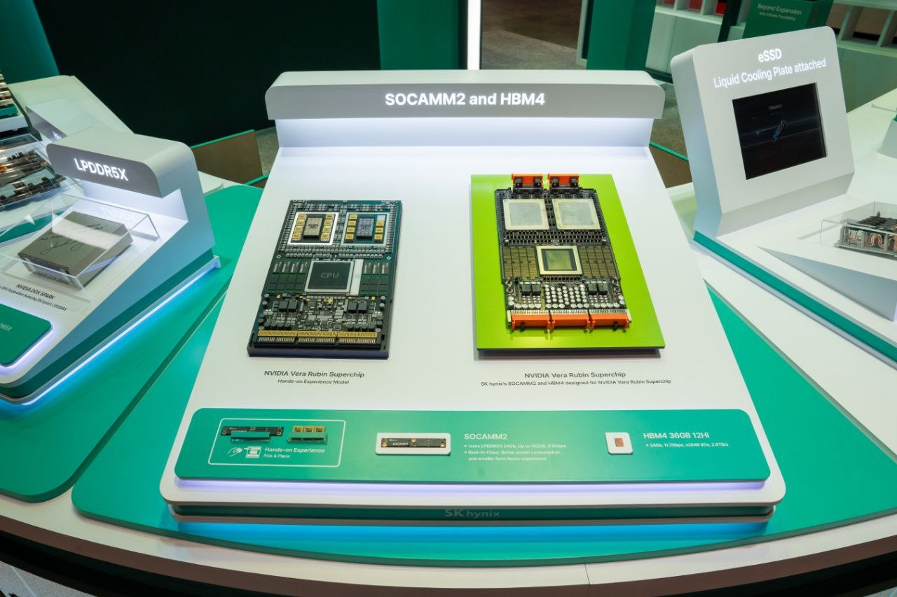 SK hynix's high-bandwidth memory (HBM) product is on display at the GTC 2026 exhibition in California on March 17. [YONHAP] 