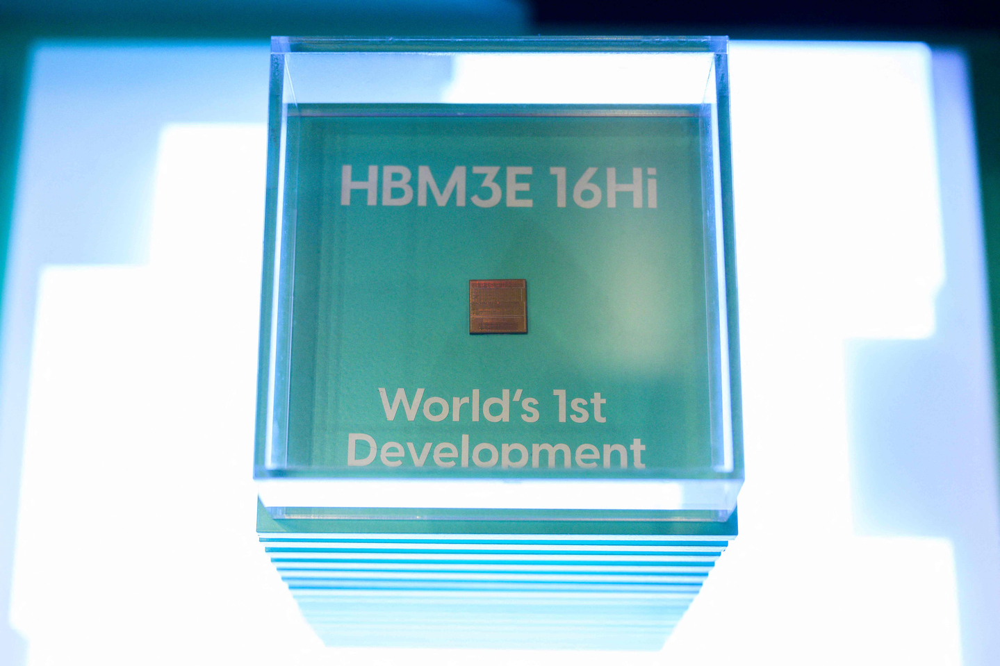 A display for Korean chip giant SK hynix's 16-layer HBM3E chip is seen at the SK AI Summit in Seoul on Nov. 4, 2024. [AFP/YONHAP]
