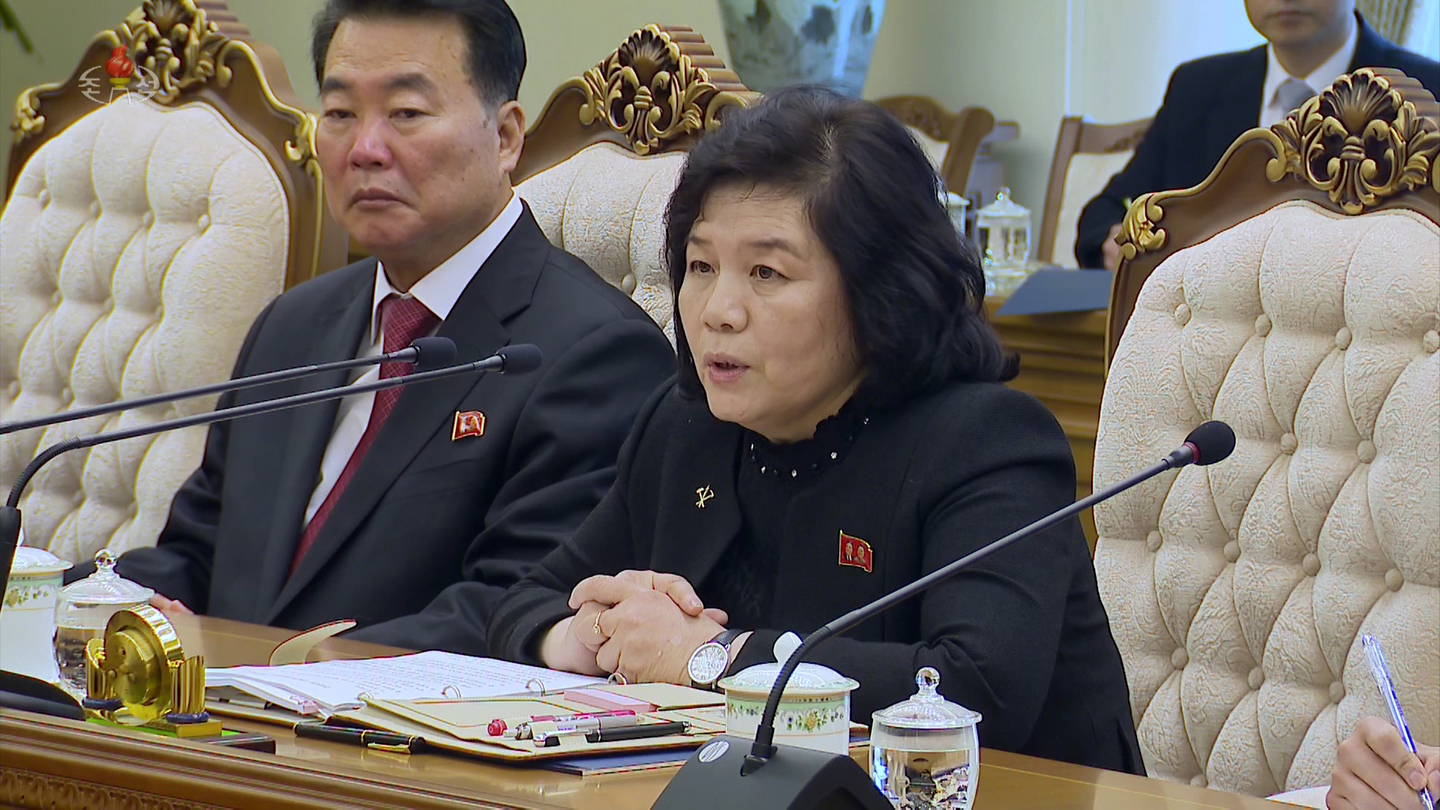 North Korea's Foreign Minister Choe Son-hui speaks at a meeting in Pyongyang in this file photo captured from the Korean Central Television on Oct. 20, 2023. [YONHAP]