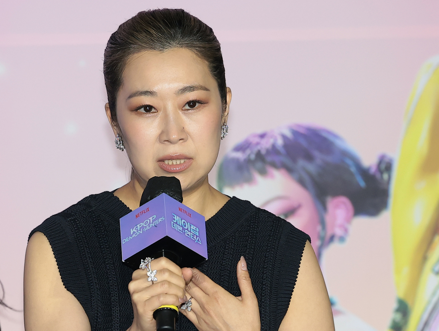 Maggie Kang, the director of Netflix's hit animated film ″KPop Demon Hunters″ (2025), speaks during the film's press conference in Yongsan District, central Seoul, on April 1. [NEWS1]