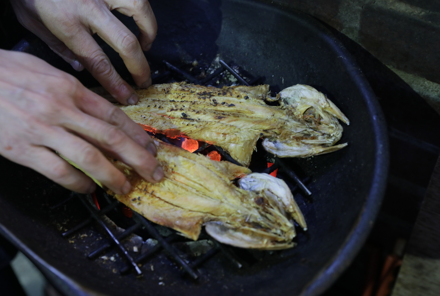 Euljiro's common snack, nogari, or dried, young pollock fish, is being cooked at a bar in the neighborhood.[JOONGANG ILBO]