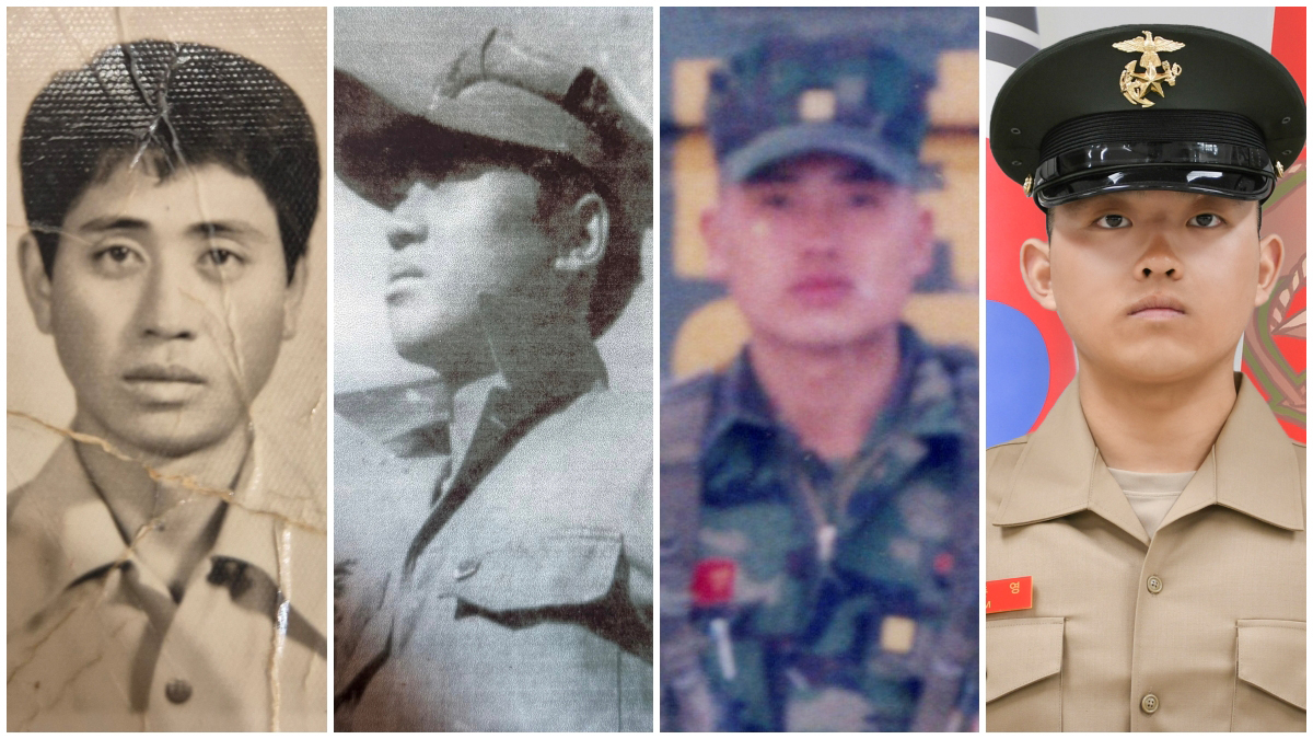 Four generations of a Marine family are seen in this photo shared on April 2. From left are Kim Jae-chan of the first generation, Kim Eun-il of the second, Kim Cheol-min of the third and Pvt. Kim Jun-young of the the fourth. [MARINE CORPS] 