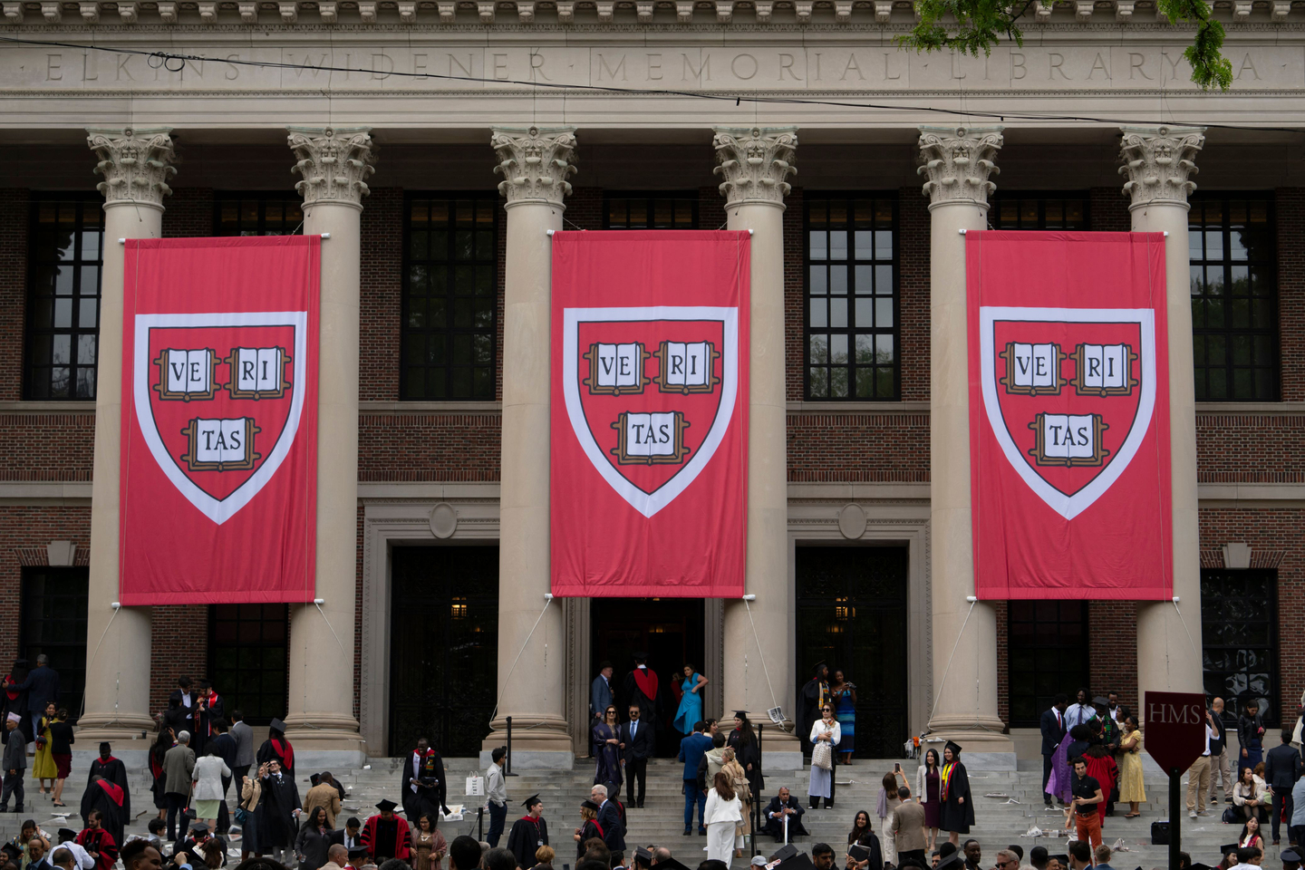Harvard banners in front of Widener Library are seen during the 374th Harvard Commencement in Harvard Yard in Cambridge, Massachusetts, on May 29, 2025. The photo is unrelated to the story, [AFP/YONHAP]