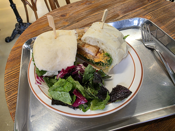 Grilled chicken ciabatta sandwich topped with chipotle sauce at B Plate by Brown Bread [JIN EUN-SOO]