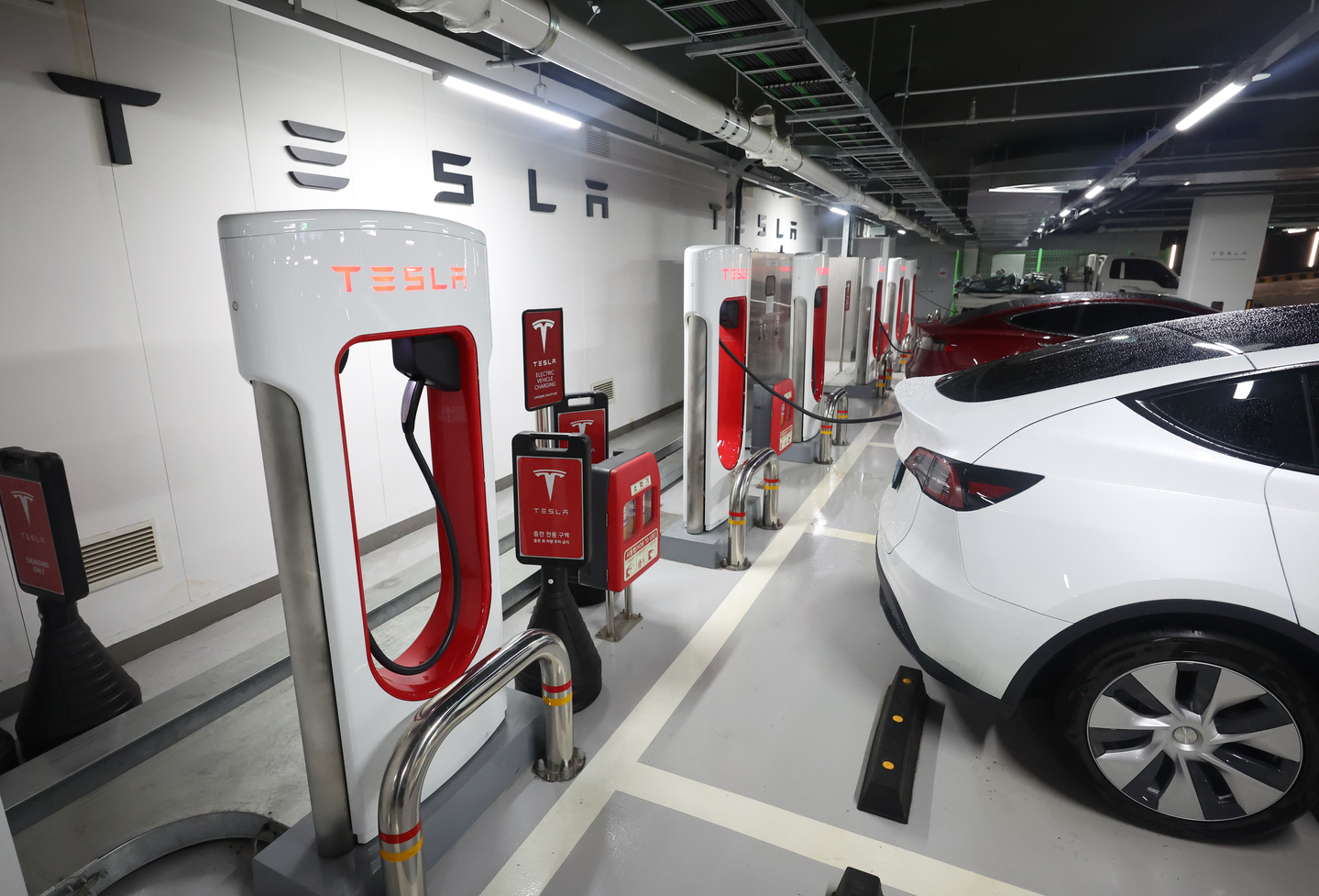 A Tesla EV charges at a charging station in Seoul on Sept. 20, 2023. [YONHAP]