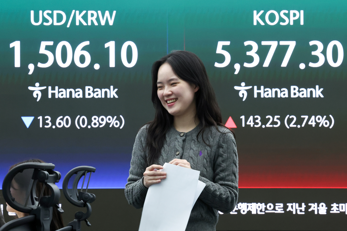 A screen in Hana Bank's trading room in central Seoul shows the Kospi closing at 5,377.30 points on April 3, up 143.25 points, or 2.74 percent, from the previous trading session. [NEWS1]