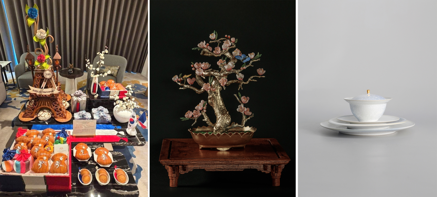 From left: A welcome kit prepared for French President Emmanuel Macron at his accommodations featuring an Eiffel Tower-inspired centerpiece and bread made by the Korean team who won “La Coupe du Monde de la Boulangerie 2026” on April 2; a reinterpretation of banwha, a royal ornament presented by King Gojong to the French president in 1886; and a white porcelain tableware set. [BLUE HOUSE]