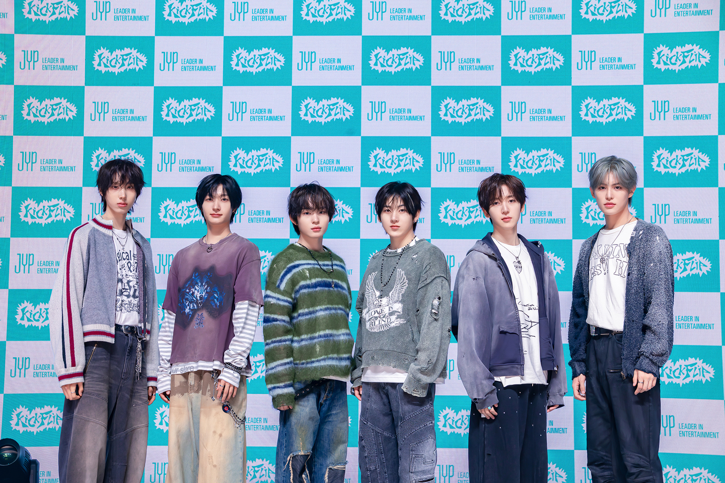 Boy band KickFlip poses for photos during a press showcase for its fourth EP, ″My First Kick,″ held at Yes24 Live Hall in eastern Seoul on April 6. [JYP ENTERTAINMENT]