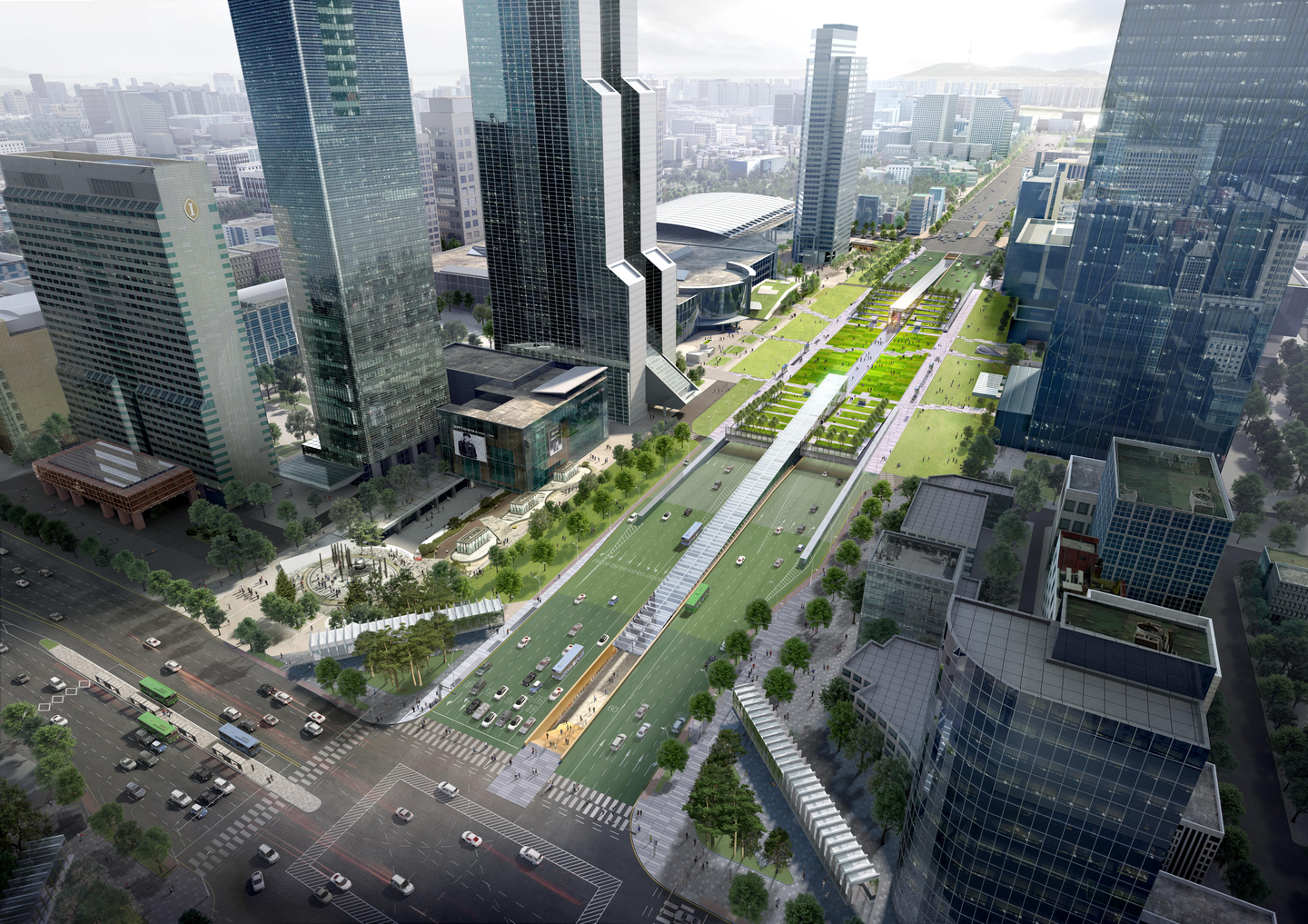 A rendered image shows a bird's-eye view of the Yeongdong-daero transit complex and its surrounding neighborhood in Gangnam District, southern Seoul. [SEOUL METROPOLITAN GOVERNMENT]