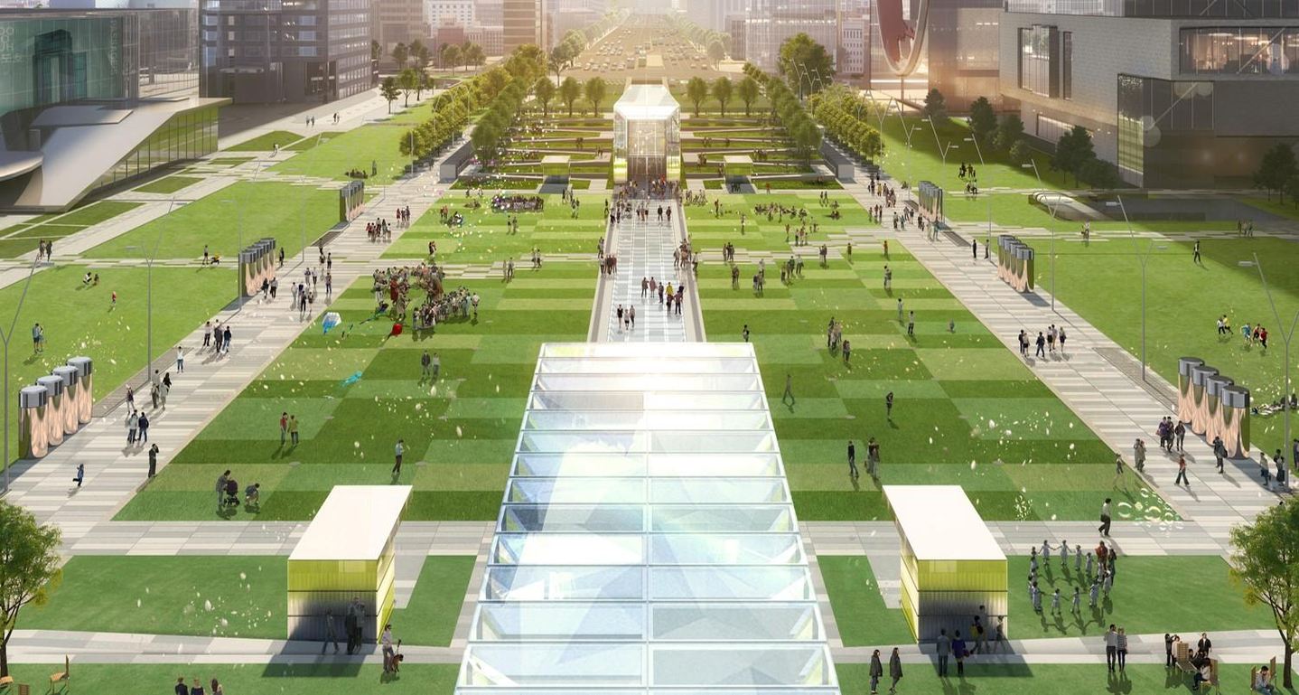 A rendered image shows the outdoor spaces of the Yeongdong-daero transit complex in Gangnam District, southern Seoul. [SEOUL METROPOLITAN GOVERNMENT]