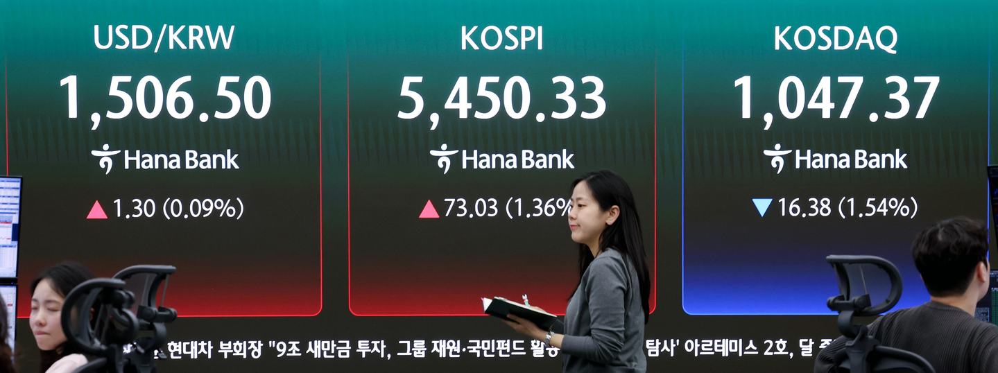 The won weakened 1.1 won from the previous session to trade at 1,506.3 won against the dollar at 3:30 p.m. on April 6. The closing values of the Kospi and Kosdaq indexes are displayed on screens in Hana Bank's trading room in central Seoul. [NEWS1]