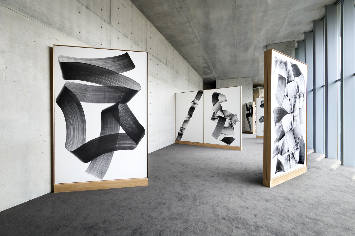 "Brushstroke" paintings made with charcoal ink by the artist Lee Bae are displayed at Museum SAN's lounge area. [MUSEUM SAN]