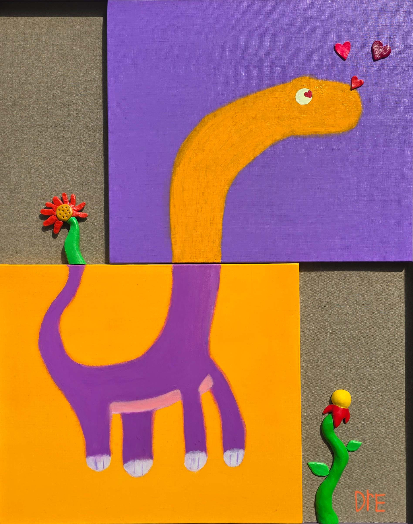 Artist An Dre's dinosaur painting, stamped with his signature on the bottom right-hand side [AN DRE'S FAMILY]