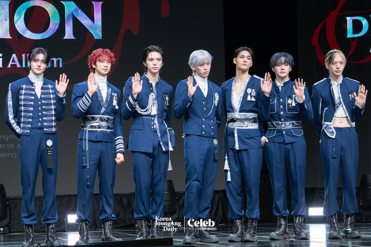 Boy band Ampers&One poses for photos during a showcase for the release of its fourth EP, “Definition,” at Nodeul Island Live House in central Seoul on April 8. [DANIELA GONZALEZ PEREZ]