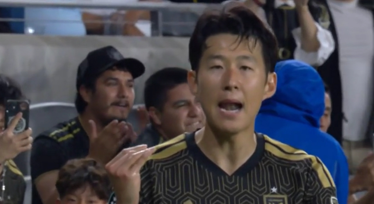 Son Heung-min of Los Angeles FC celebrates after scoring during the first leg of a Concacaf Champions Cup 2026 quarterfinal at BMO Stadium in California on April 7. [SCREEN CAPTURE]