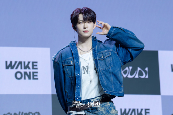 Alpha Drive One’s Geonwoo poses for photos during a showcase for the release of the group’s first EP, ″Euphoria,″ at the Blue Square in central Seoul on Jan. 12. [DANIELA GONZALEZ PEREZ]