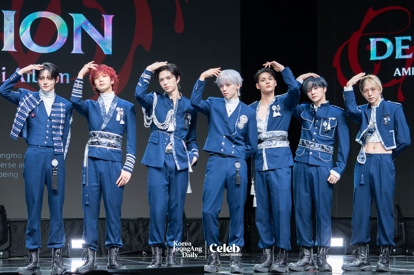 Boy band Ampers&One poses for photos during a showcase for the release of its fourth EP, “Definition,” at Nodeul Island Live House in central Seoul on April 8. [DANIELA GONZALEZ PEREZ]