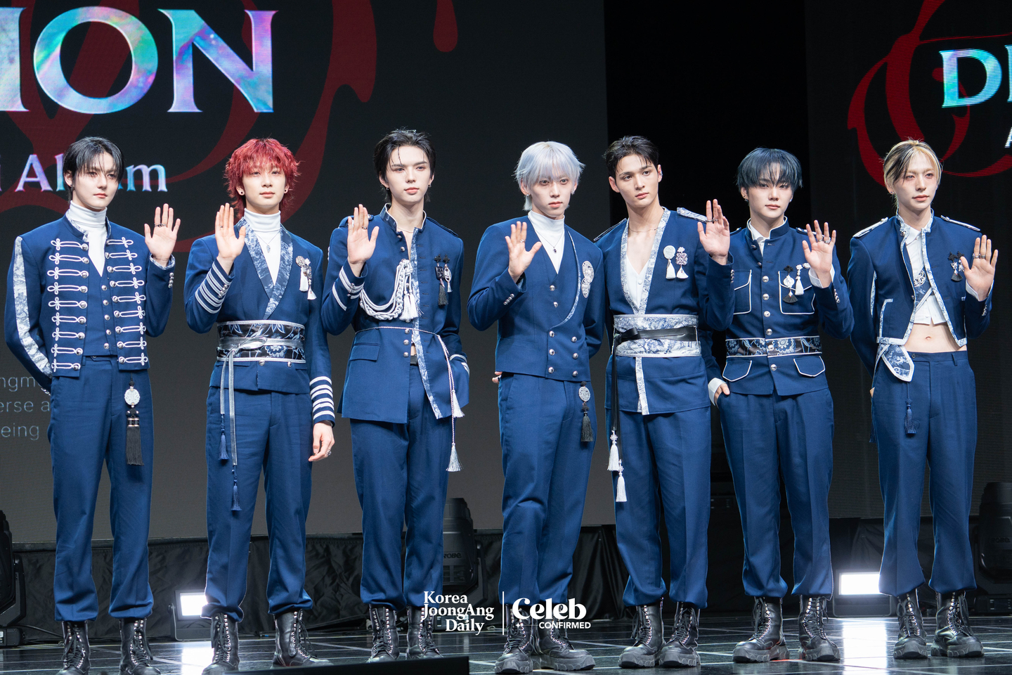 Boy band Ampers&One poses for photos during a showcase for the release of its fourth EP, “Definition,” at Nodeul Island Live House in central Seoul on April 8. [DANIELA GONZALEZ PEREZ]