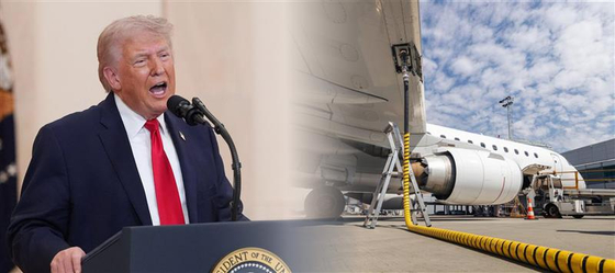 From left, U.S. President Donald Trump delivers a national address on the war against Iran in April in Washington; An aircraft is being refueled. [AFP/YONHAP/GETTY IMAGES] 