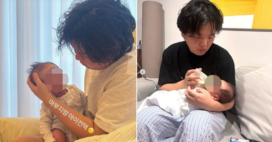 Kwak Joon bin takes care of his new son. [JOONGANG ILBO]