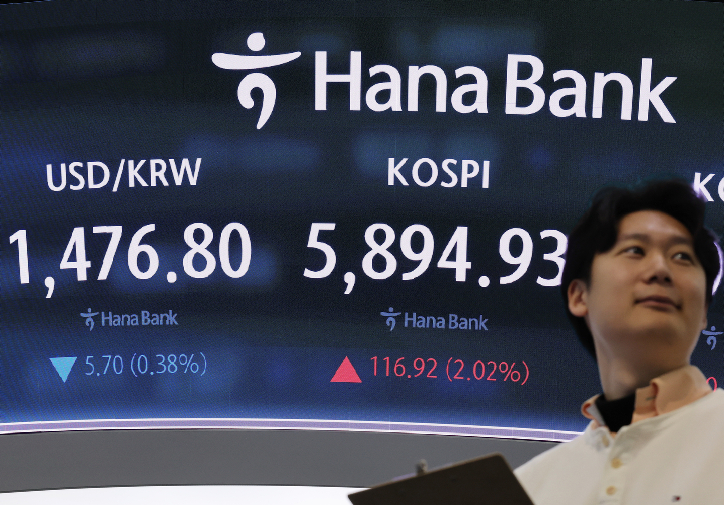 An electronic display board shows Korea's financial market at Hana Bank's trading room in central Seoul on April 10. [YONHAP]