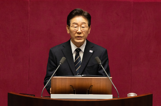President Lee Jae Myung gives a speech on the government's first supplemetary budget bill of 2026 at the National Assembly in Seoul Thursday, April 2. [AP/YONHAP]