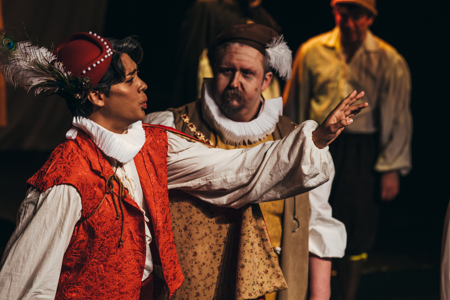Actor Jonathan Tommy as Tranio, left, and actor Mark Dorman as Gremio in ″The Taming of the Shrew,″ a production by the Seoul Shakespeare Company [BRET LINDQUIST]