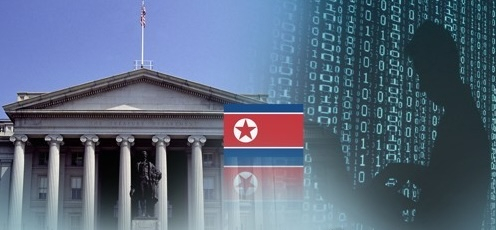 North Korean flag, left, and an image of a hacker [YONHAP]